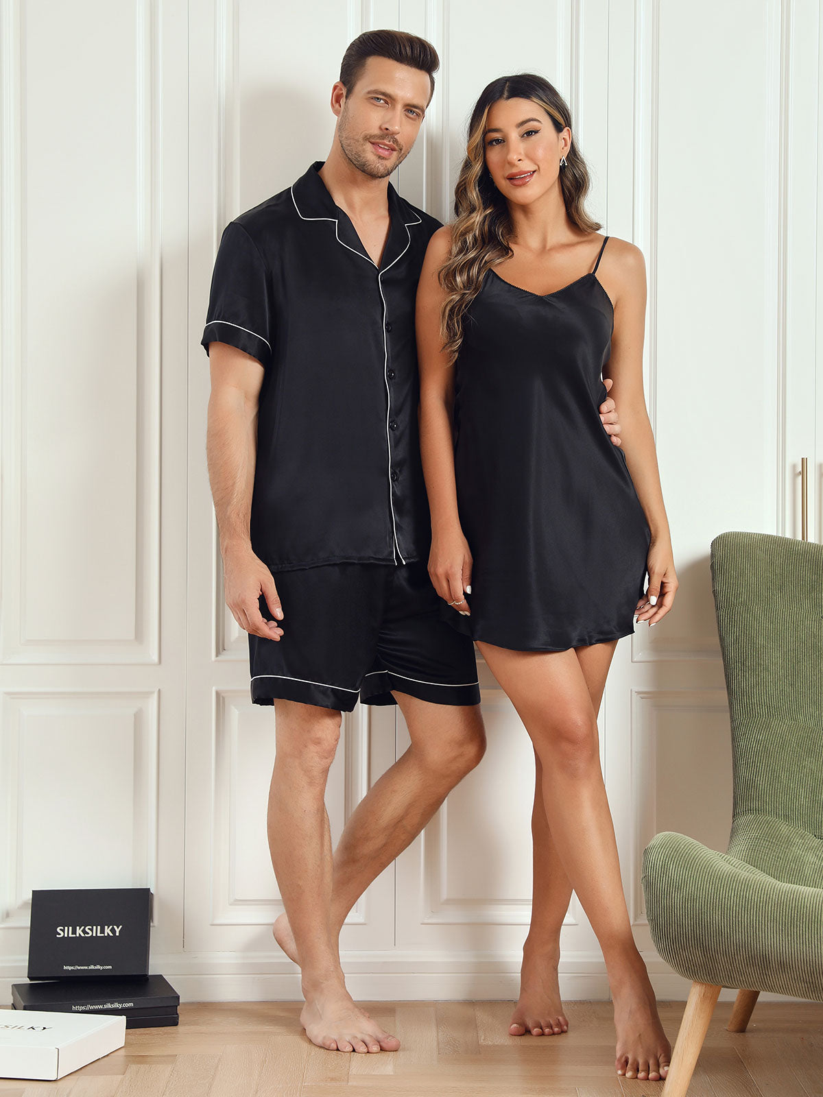 Puur Zijde Koppel Korte Pyjamaset & Slip Nachtjurk