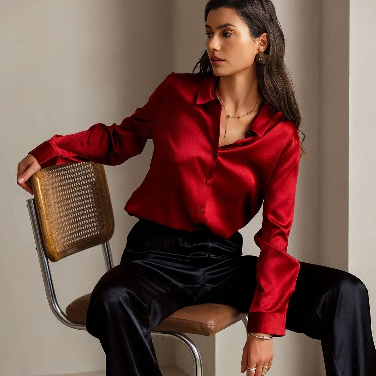 [Rode] SilkSilky-NL Zijde Lange Mouw Kraag Dames Blouse 001