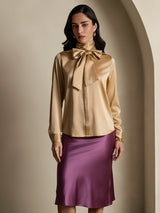 [Champagne] SilkSilky-NL Long Sleeve Tie Neck Blouse 001