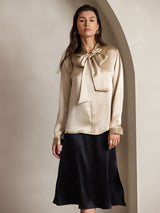 [Champagne] SilkSilky-NL 19Momme Lange Mouw Strikhals Blouse 001
