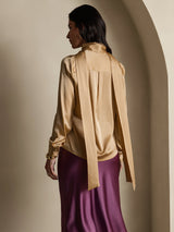 [Champagne] SilkSilky-NL Long Sleeve Tie Neck Blouse 002