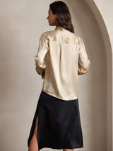 [Champagne] SilkSilky-NL 19Momme Lange Mouw Strikhals Blouse 002