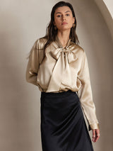 [Champagne] SilkSilky-NL 19Momme Lange Mouw Strikhals Blouse 003