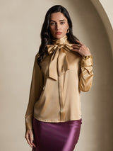 [Champagne] SilkSilky-NL Long Sleeve Tie Neck Blouse 004
