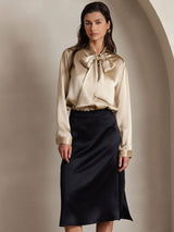 [Champagne] SilkSilky-NL 19Momme Lange Mouw Strikhals Blouse 004