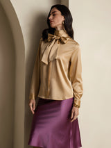 [Champagne] SilkSilky-NL Long Sleeve Tie Neck Blouse 005