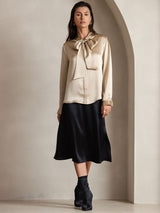 [Champagne] SilkSilky-NL 19Momme Lange Mouw Strikhals Blouse 005
