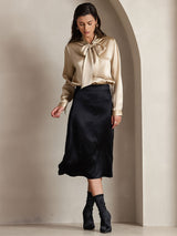 [Champagne] SilkSilky-NL 19Momme Lange Mouw Strikhals Blouse 006