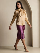 [Champagne] SilkSilky-NL Long Sleeve Tie Neck Blouse 009