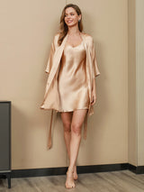 [Champagne] SilkSilky-NL 3/4 Mouw V Hals Nachthemd&Kamerjas Set 001