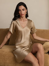 [Champagne] SilkSilky-NL Korte Mouw V Hals Nachthemd 007