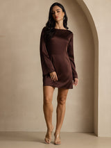 [Koffie] SilkSilky-NL Long Sleeve Boat Neck Jurk 001