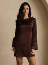 [Koffie] SilkSilky-NL Long Sleeve Boat Neck Jurk 003