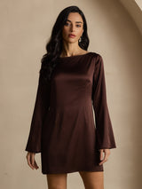 [Koffie] SilkSilky-NL Long Sleeve Boat Neck Jurk 004