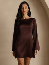 [Koffie] SilkSilky-NL Long Sleeve Boat Neck Jurk 005