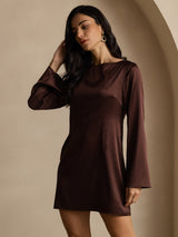 [Koffie] SilkSilky-NL Long Sleeve Boat Neck Jurk 006