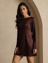 [Koffie] SilkSilky-NL Long Sleeve Boat Neck Jurk 007