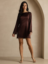 [Koffie] SilkSilky-NL Long Sleeve Boat Neck Jurk 008