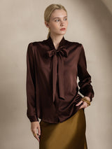 [Koffie] SilkSilky-NL 19Momme Lange Mouw Strikhals Blouse 005