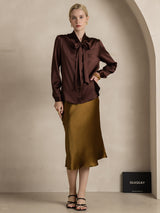 [Koffie] SilkSilky-NL 19Momme Lange Mouw Strikhals Blouse 006