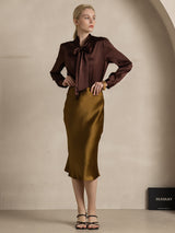 [Koffie] SilkSilky-NL 19Momme Lange Mouw Strikhals Blouse 007