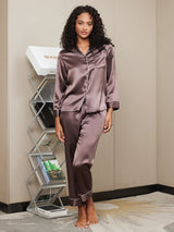 [Koffie] SilkSilky-NL Lange Mouw Notchkraag Dames Pyjama Set 003
