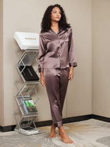 [Koffie] SilkSilky-NL Lange Mouw Notchkraag Dames Pyjama Set 005