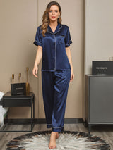 [Donkerblauw] SilkSilky-NL Short Sleeve Lapel Collar Dames Pyjama Set 001