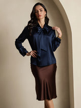[Donkerblauw] SilkSilky-NL 19Momme Lange Mouw Strikhals Blouse 001