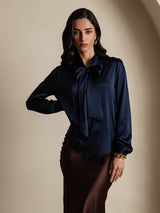 [Donkerblauw] SilkSilky-NL 19Momme Lange Mouw Strikhals Blouse 003