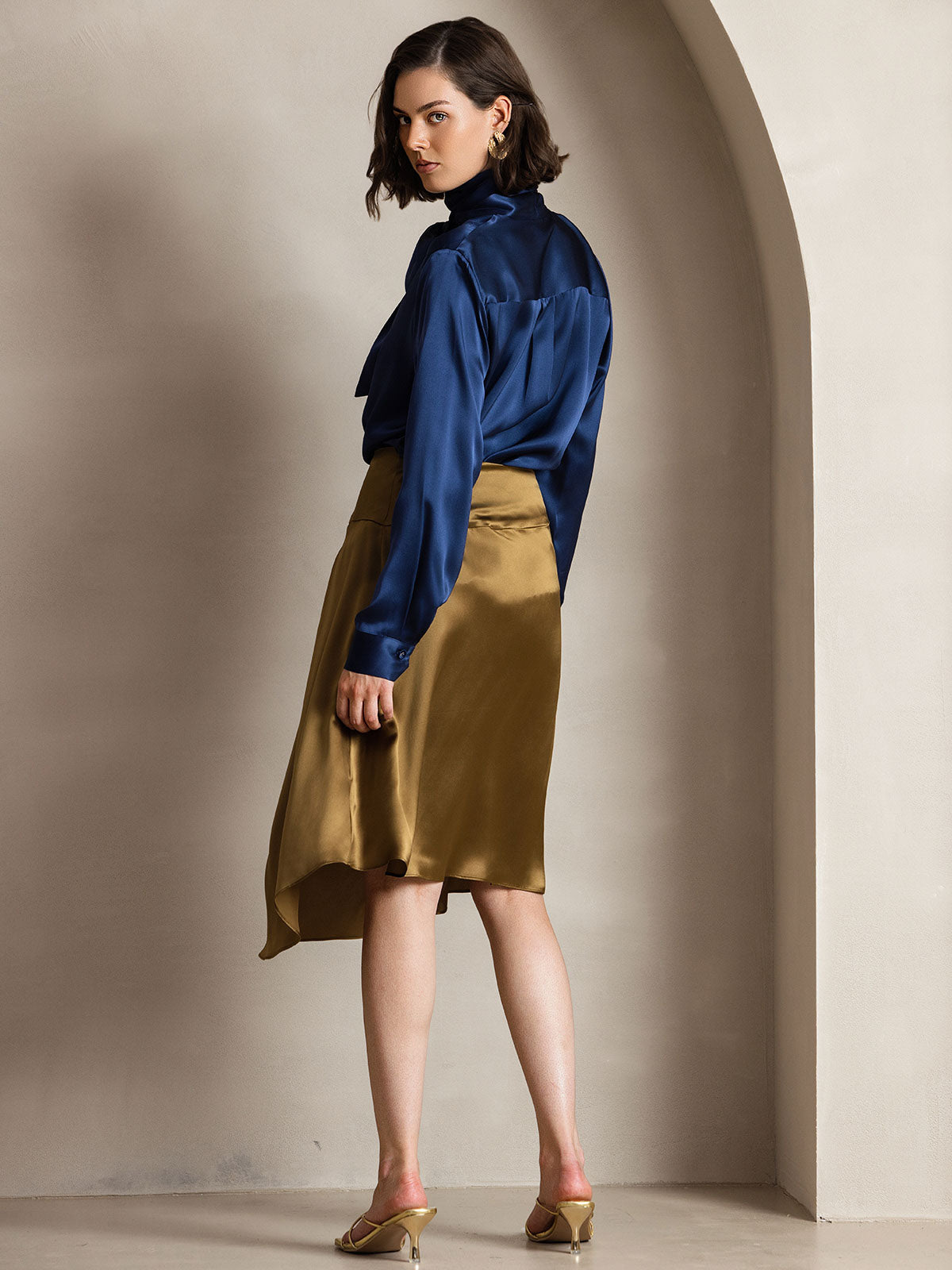 [Donkerblauw] SilkSilky-NL 19Momme Zijde Lange Mouw Blouse 004