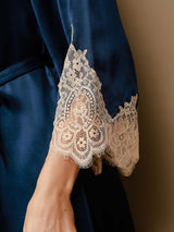 [Donkerblauw] SilkSilky-NL 3/4 Sleeve V Neck Nachthemd&Kamerjas Set 009
