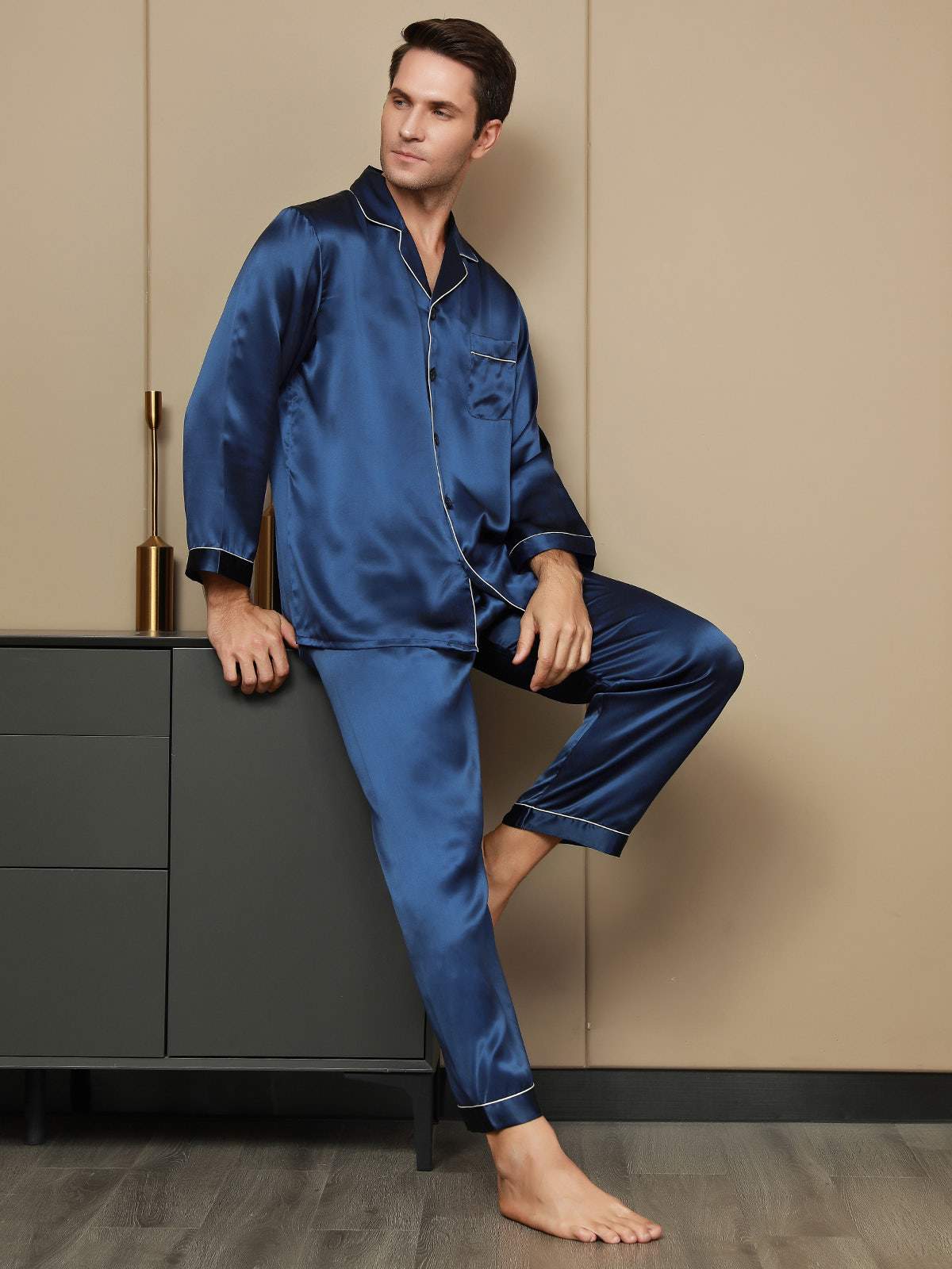 [Donkerblauw] SilkSilky-NL Long Sleeve Lapel Collar Heren Pyjama Set 001
