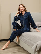 [Donkerblauw] SilkSilky-NL Lange Mouw Notchkraag Dames Pyjama Set 003