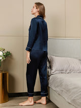 [Donkerblauw] SilkSilky-NL Lange Mouw Notchkraag Dames Pyjama Set 004