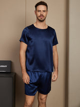 [Donkerblauw] SilkSilky-NL Short Sleeve Round Neck Heren Pyjama Set 003