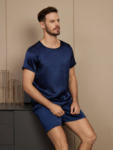 [Donkerblauw] SilkSilky-NL Short Sleeve Round Neck Heren Pyjama Set 004