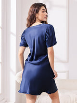 [Donkerblauw] SilkSilky-NL Korte Mouw V Hals Nachthemd 002