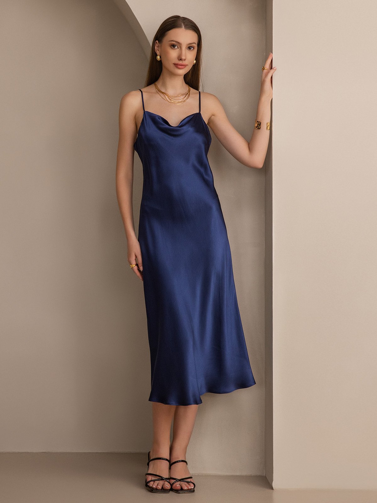 [Donkerblauw] SilkSilky-NL Spaghetti Bandjes Waterval Hals Jurk 001