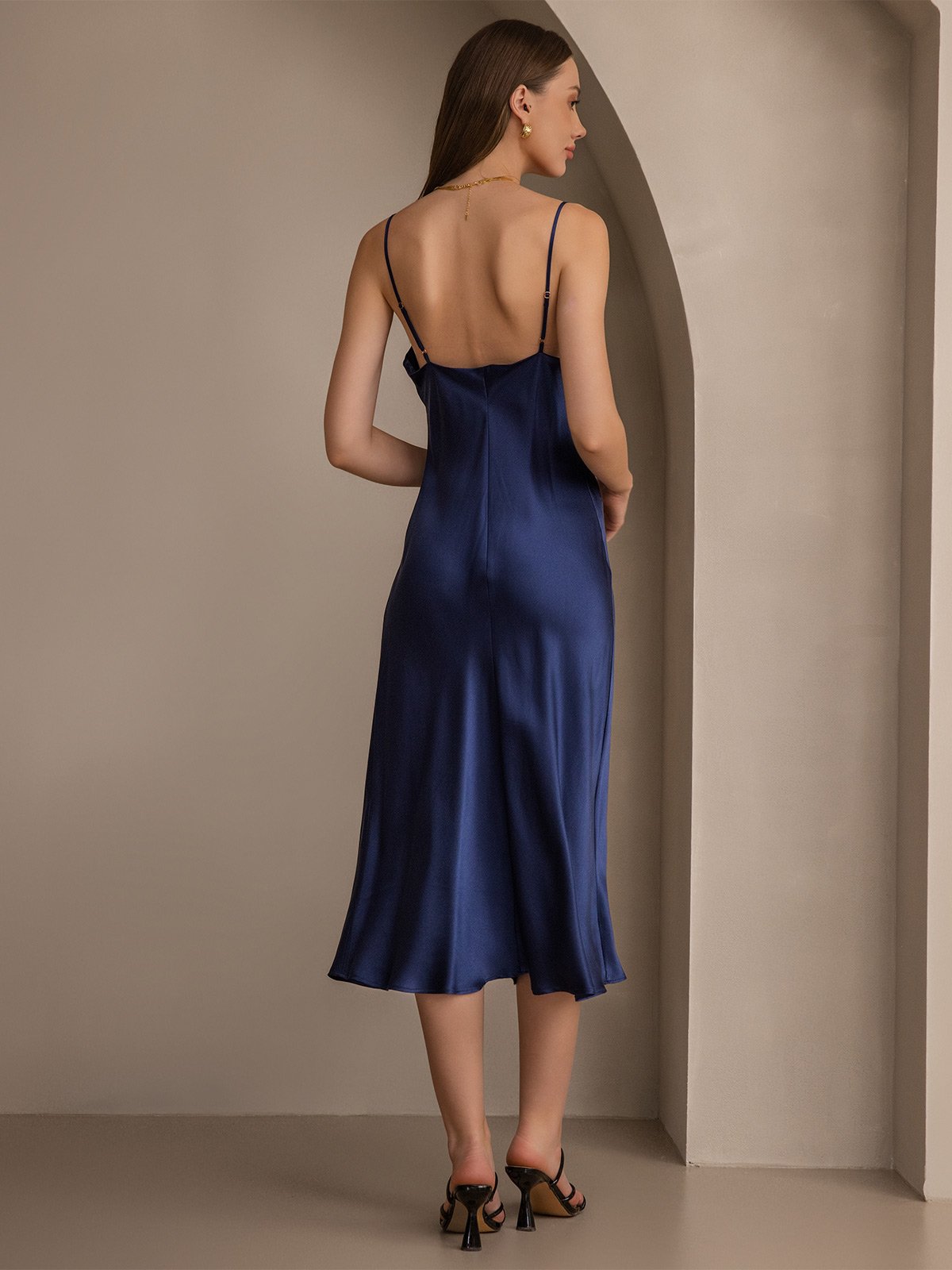 [Donkerblauw] SilkSilky-NL Spaghetti Bandjes Waterval Hals Jurk 002