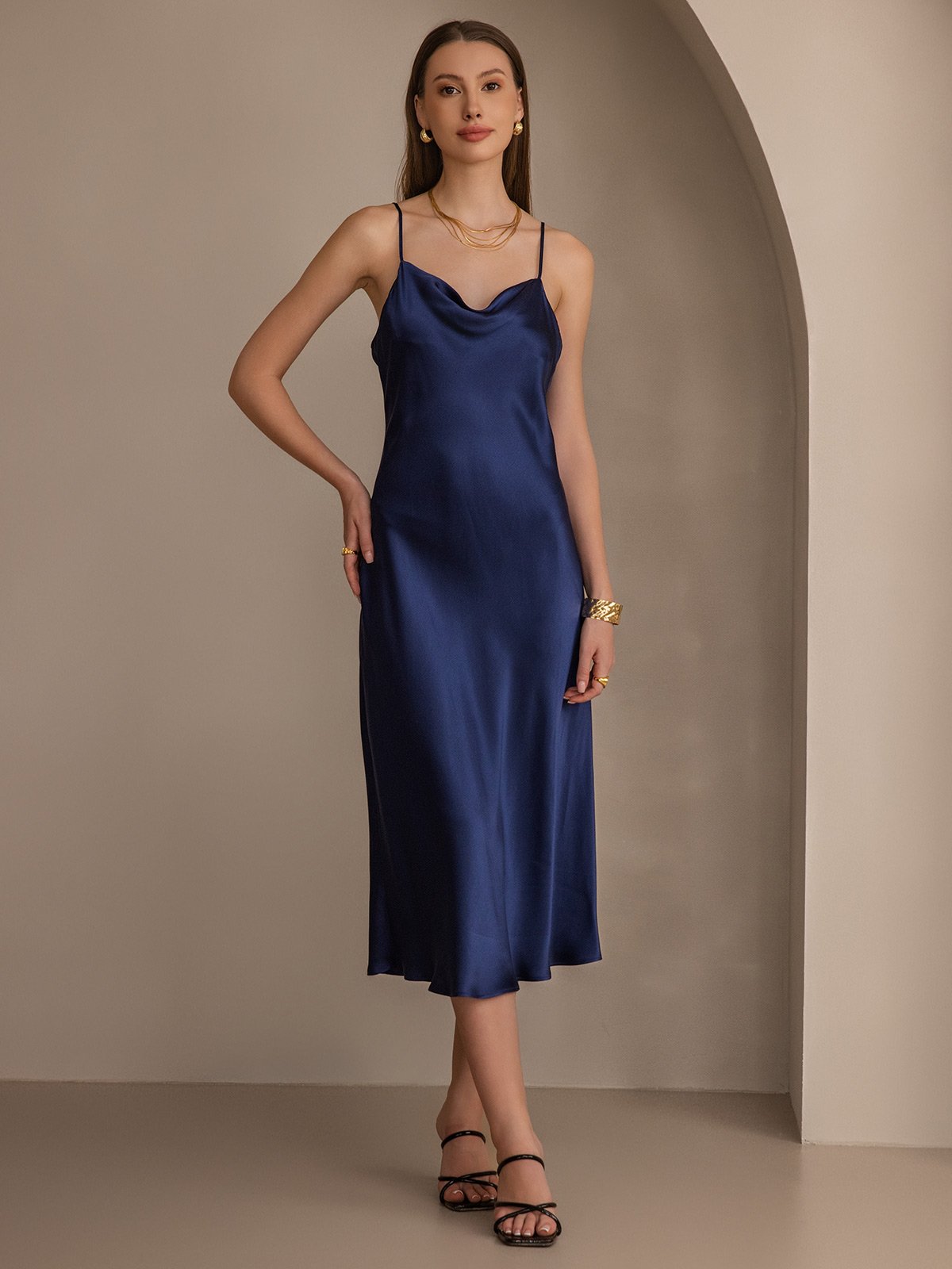 [Donkerblauw] SilkSilky-NL Spaghetti Bandjes Waterval Hals Jurk 003
