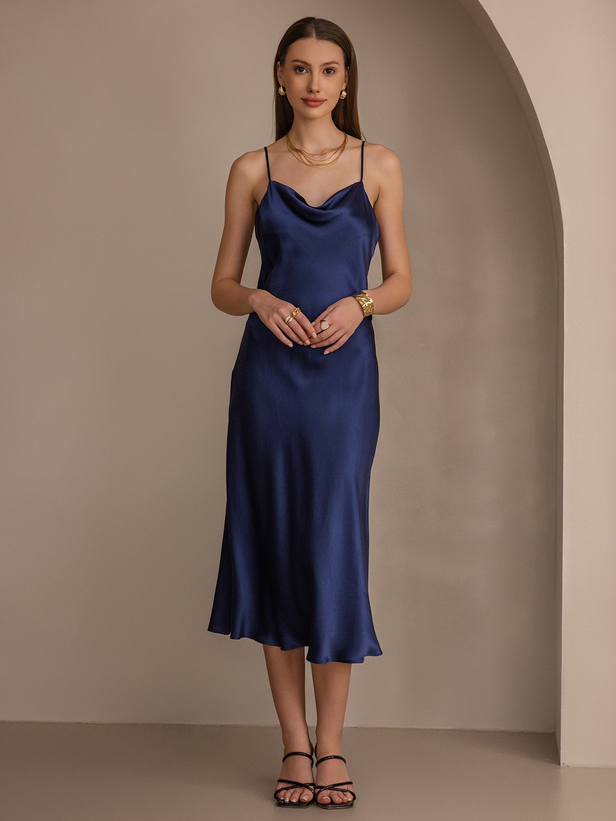 [Donkerblauw] SilkSilky-NL Spaghetti Bandjes Waterval Hals Jurk 004