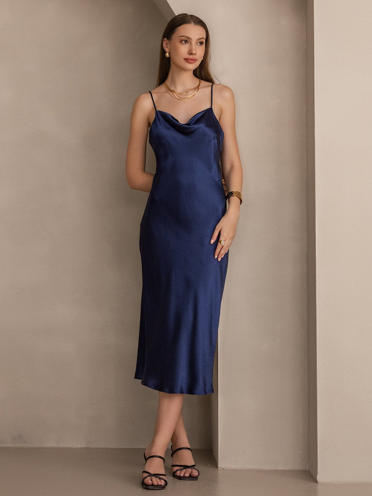 [Donkerblauw] SilkSilky-NL Spaghetti Bandjes Waterval Hals Jurk 006