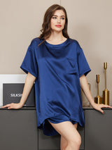 [Donkerblauw] SilkSilky-NL Short Sleeve Round Neck Dames Pyjama Set 001