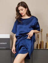 [Donkerblauw] SilkSilky-NL Short Sleeve Round Neck Dames Pyjama Set 005