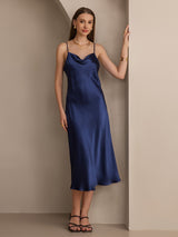 [Donkerblauw] SilkSilky-NL Spaghetti Strap Cowl Neck Jurk 001
