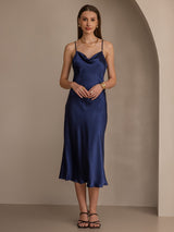[Donkerblauw] SilkSilky-NL Spaghetti Strap Cowl Neck Jurk 004