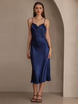 [Donkerblauw] SilkSilky-NL Spaghetti Strap Cowl Neck Jurk 005