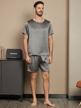 [Donkergrijs] SilkSilky-NL Short Sleeve Round Neck Heren Pyjama Set 001