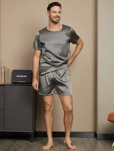 [Donkergrijs] SilkSilky-NL Short Sleeve Round Neck Heren Pyjama Set 004